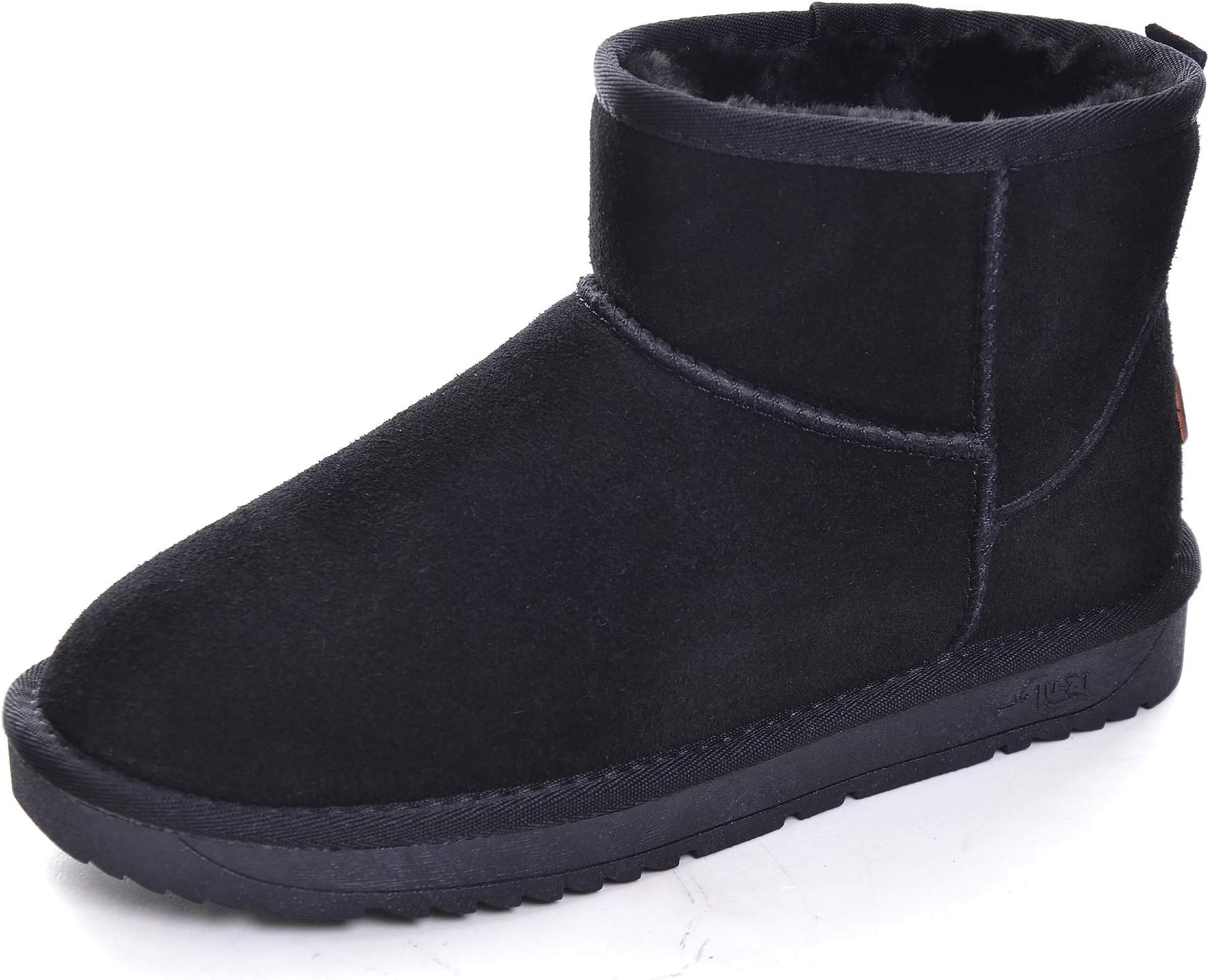 Henoo Women Snow Boots, Warm Winter Suede Leather Short Boot Flat Shoes with Fur Lining, Outdoor Mid-Calf Slip On Boots, Z-Black