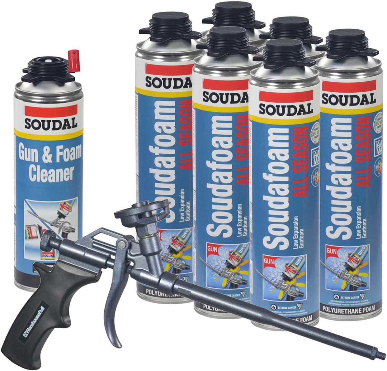 Soudal Kit, 6 Cans All Season Window & Door Foam, AWF Pro Non-Stick Coated Foam Gun, 1 Gun & Foam Cleaner