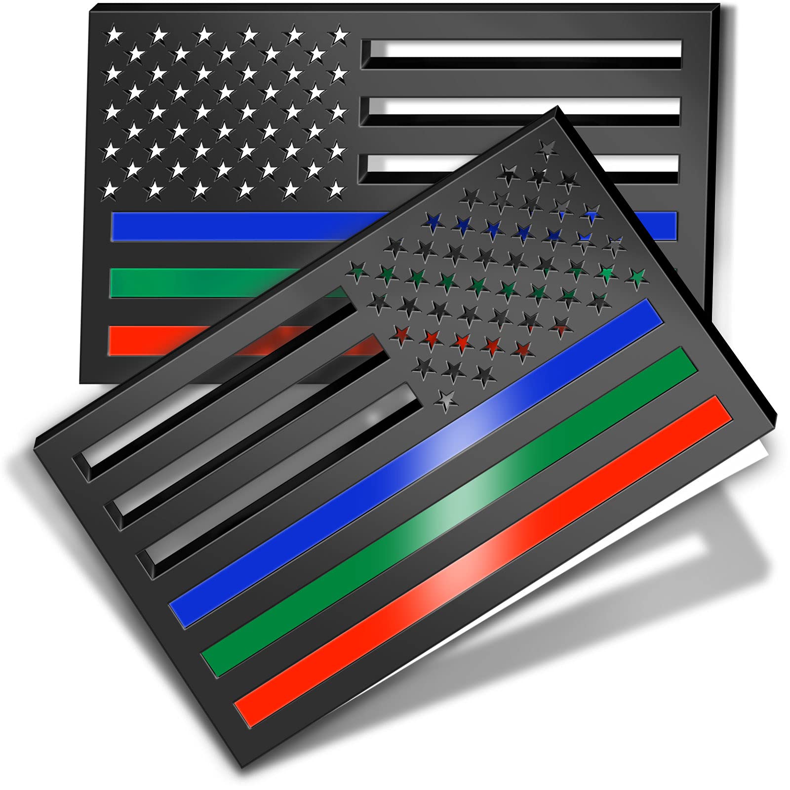 View 1 of 1 Pair of Reflective 3D American Flag Car Emblem Bumper Stickers 3"x5" with Reflective Thin Blue Red Green Lines, Cut-Out Acrylic US Flag Decals Support for Police Fire Officer and Military Troops