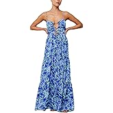 Aopwsrlyi Women Summer Sleeveless Backless Spaghetti Strap Long Floral Dress Sexy Cut Out Smocked Flowy Maxi Dress