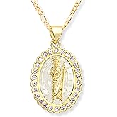 St. Jude Pendant Necklace for Women – 18K Gold Plated Figaro Chain – Pink or White Mother of Pearl – Catholic Religious Jewelry – Collar San Judas Tadeo - Gift Box Included