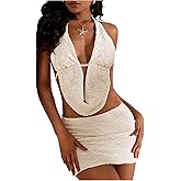 GORGLITTER Women's Coquette Skirt Sets Textured Draped Halter Top Bodycon Mini Skirt Going Out Outfits