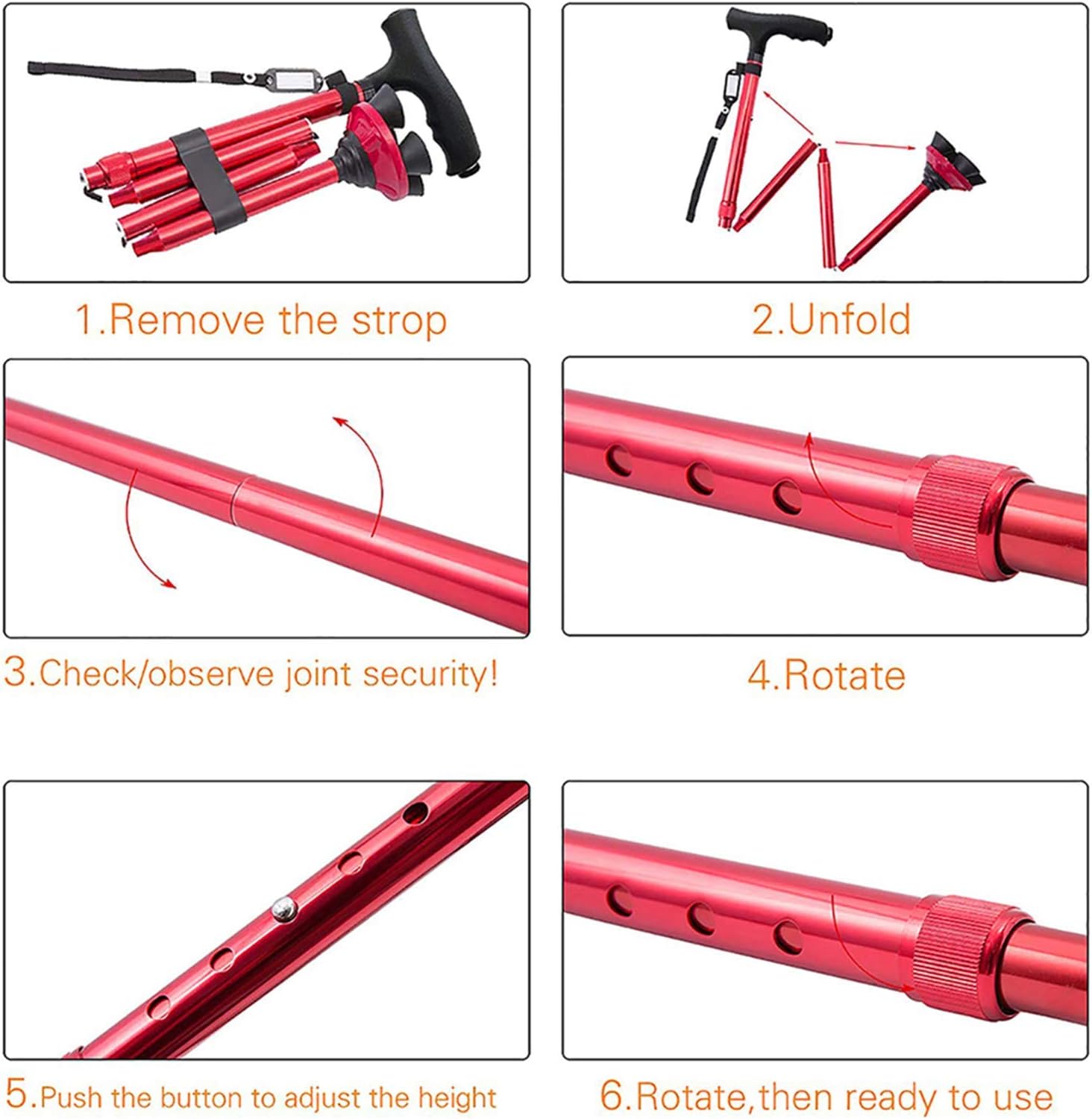 BigAlex Folding Walking Cane with LED Light,Pivoting Quad Base,Adjustable Walking Stick with Carrying Bag for Man/Woman （4.9'-5.6' Red ）: Health & Personal Care
