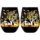 Crystal Stemless Spooky Wine Glasses 2 Set Frosted Black and Gold Ghost Pattern Drinking Cups, Gothic Parties Graveyard Table Décor Fall Seasonal Entertaining and Unique Holiday Gifts 16oz