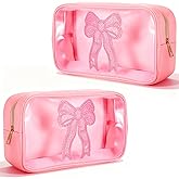 Yuanan 2 PCS Clear Makeup Bags, Bow Makeup Bag Pink Cosmetic Bag with Zipper Pink Toiletry Bags Make up Pouches PVC Rectangular for Travel, Cosmetics and Coin Organization Holiday Gifts