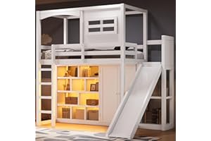 CKLMMC Wood Twin Size House Loft Bed with Wardrobe, Storage Shelves, Slide and LED, Fun Playhouse Design for Kids Boys & Girls