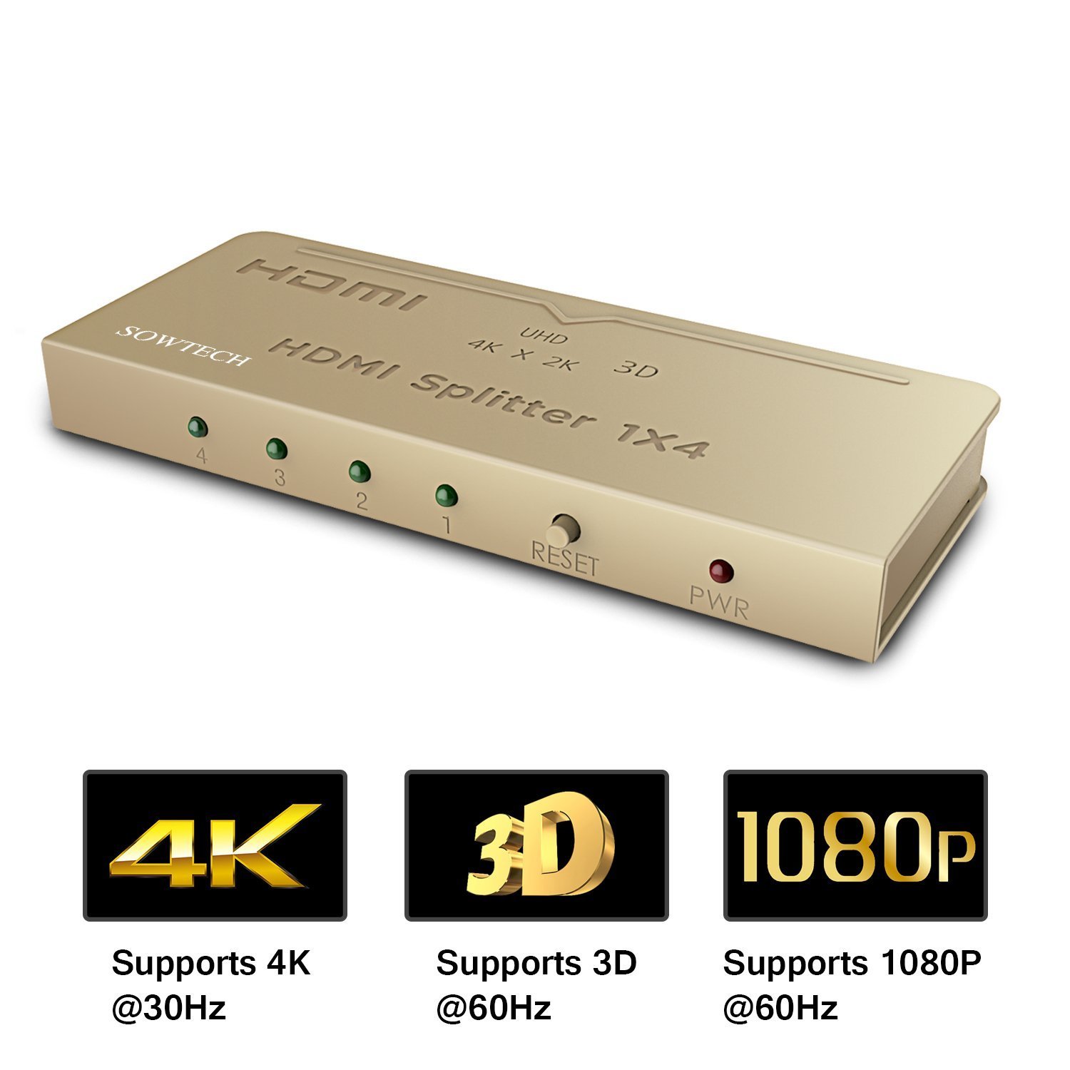 HDMI Splitter SOWTECH 1X4 Ports Powered V1.4b Video Converter with Full Ultra HD 1080P 4K/2K and 3D Resolutions (1 Input to 4 Outputs) - Gold