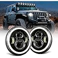 Jeep wrangler headlight, Dot Approved Hi/Lo Beam with White DRL/Amber Turn Signal Angel Eyes Compatible with 2007-2017 Jeep Wrangler 7 Inch Halo headlights JK JKU LJ TJ CJ -1 Pair (Black)