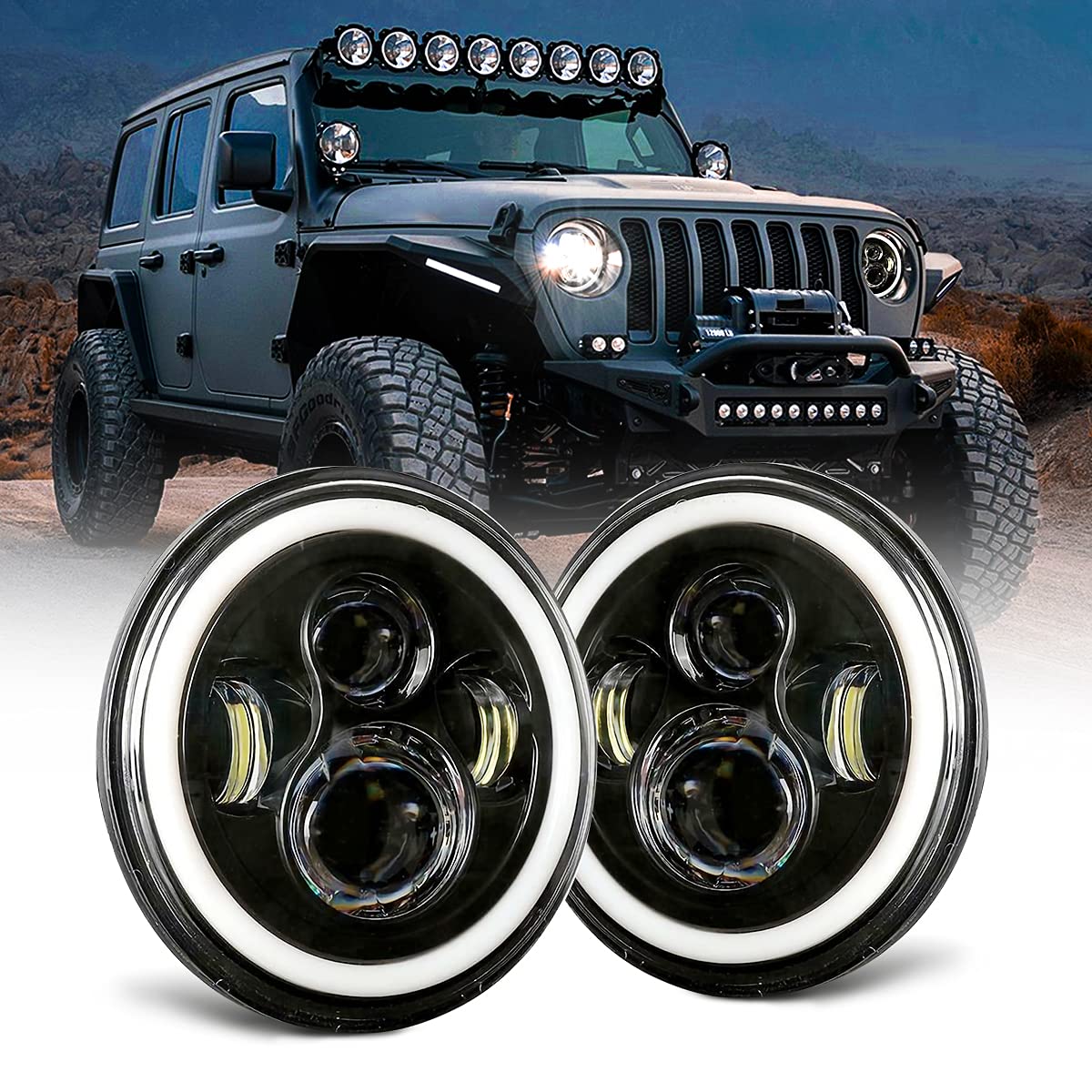 Photo 1 of Jeep wrangler headlight, Dot Approved Hi/Lo Beam with White DRL/Amber Turn Signal Angel Eyes Compatible with 2007-2017 Jeep Wrangler 7 Inch Halo headlights JK JKU LJ TJ CJ -1 Pair (Black)