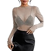 Pink Queen Women's Mesh Sheer Tops Sexy See Through Mandarin Collar FIt Party Clubwear Shirts