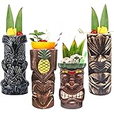 LINALL Tiki Mugs Cocktail Set of 4 - Large Tumblers Ceramic Hawaiian Luau Party Mugs Drinkware, Cute Exotic Cocktail Glasses, Tiki Bar Professional Hawaiian Party Barware, TKSET0005…