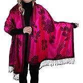 TZ Promise Women Soft Silky Pashmina Reversible Floral Rose Shawl Wrap Scarf w/Fringes