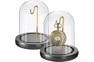 Btohrt 2 Pcs Pocket Watch Glass Display with Hooks Dome Cloche with Black Wood Base Decorative Glass Display Dome Showcase for Watch Plants Medals Photos Collectibles Dark MDF Base(3.9" X 4.5",Gold Hook)