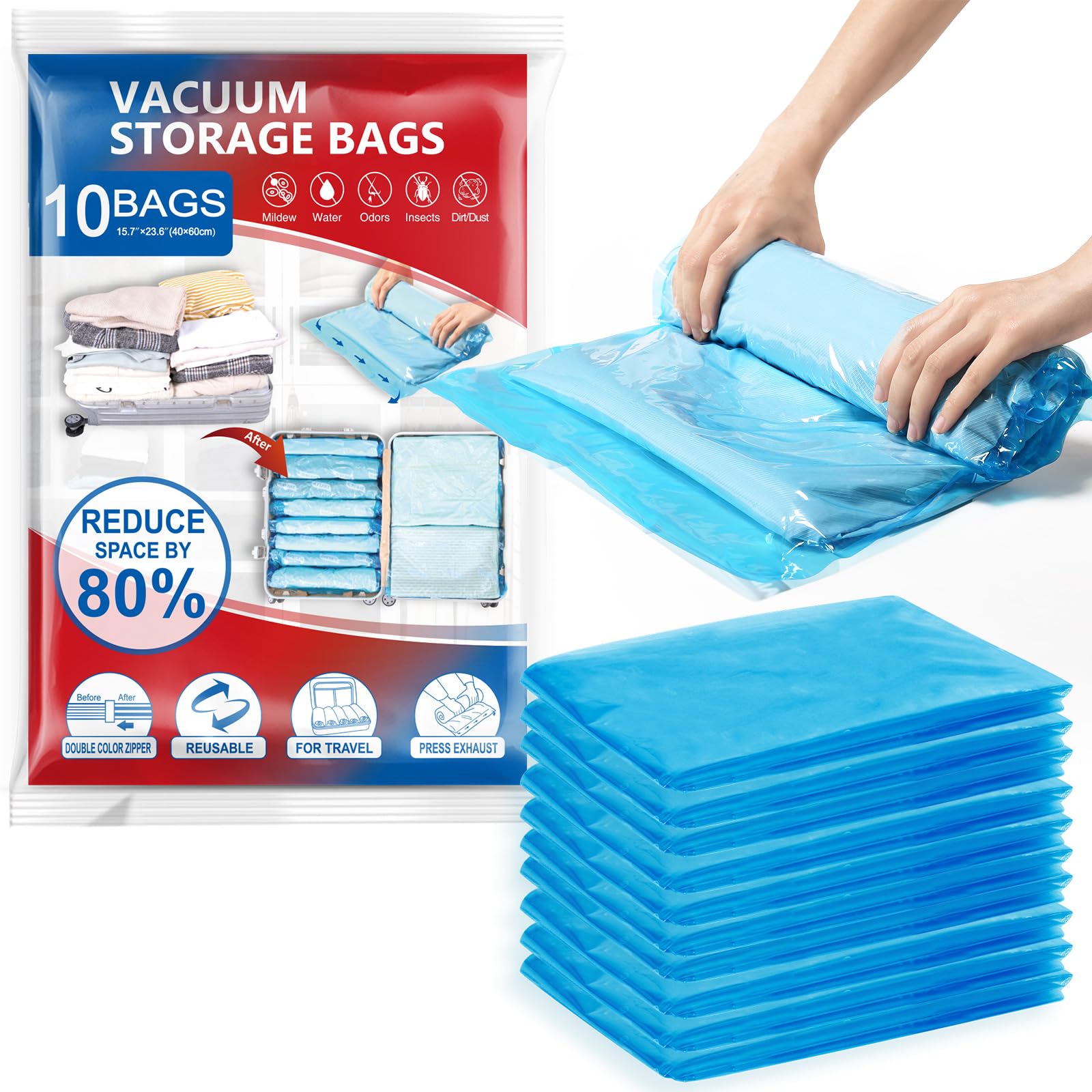 TAILI Small Roll Up Vacuum Storage Bags for Clothes Travel 10 Packs 40 x 60 CM Reusable Storage Bags Saves 80% of Space No Need Vacuum Machine or Pumpfor for Travel, Clothes, Bedding, Moving