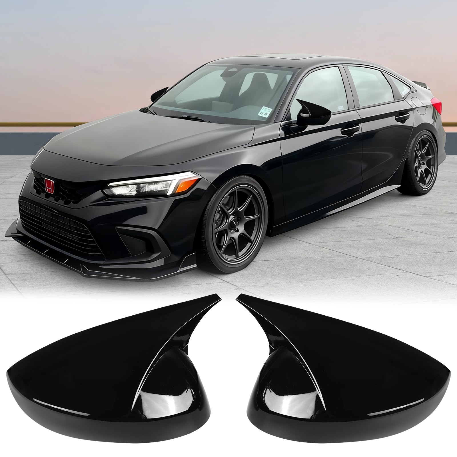 Photo 1 of 1 Pair Black Side Mirror Covers Cap Housing Compatible with 2022-2025 11th gen Honda Civic LX EX EX-L Sport Si Sedan Hatchback without Turn Signal Model