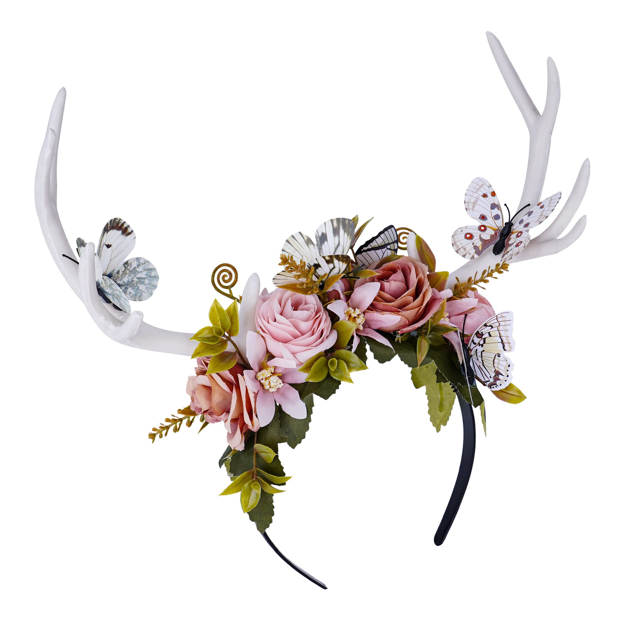 MOSTORY Fairy Antler Headband for Woodland Accessories, Flower Crwon with Pink Flower for Wedding Prom Cosplay Renaissance Halloween — image 1