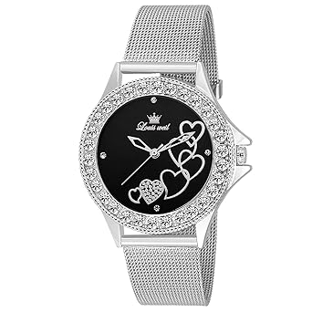 Louis Weil Black Crystal Gemstone Analogue Silver Dial Women's Wrist Watch