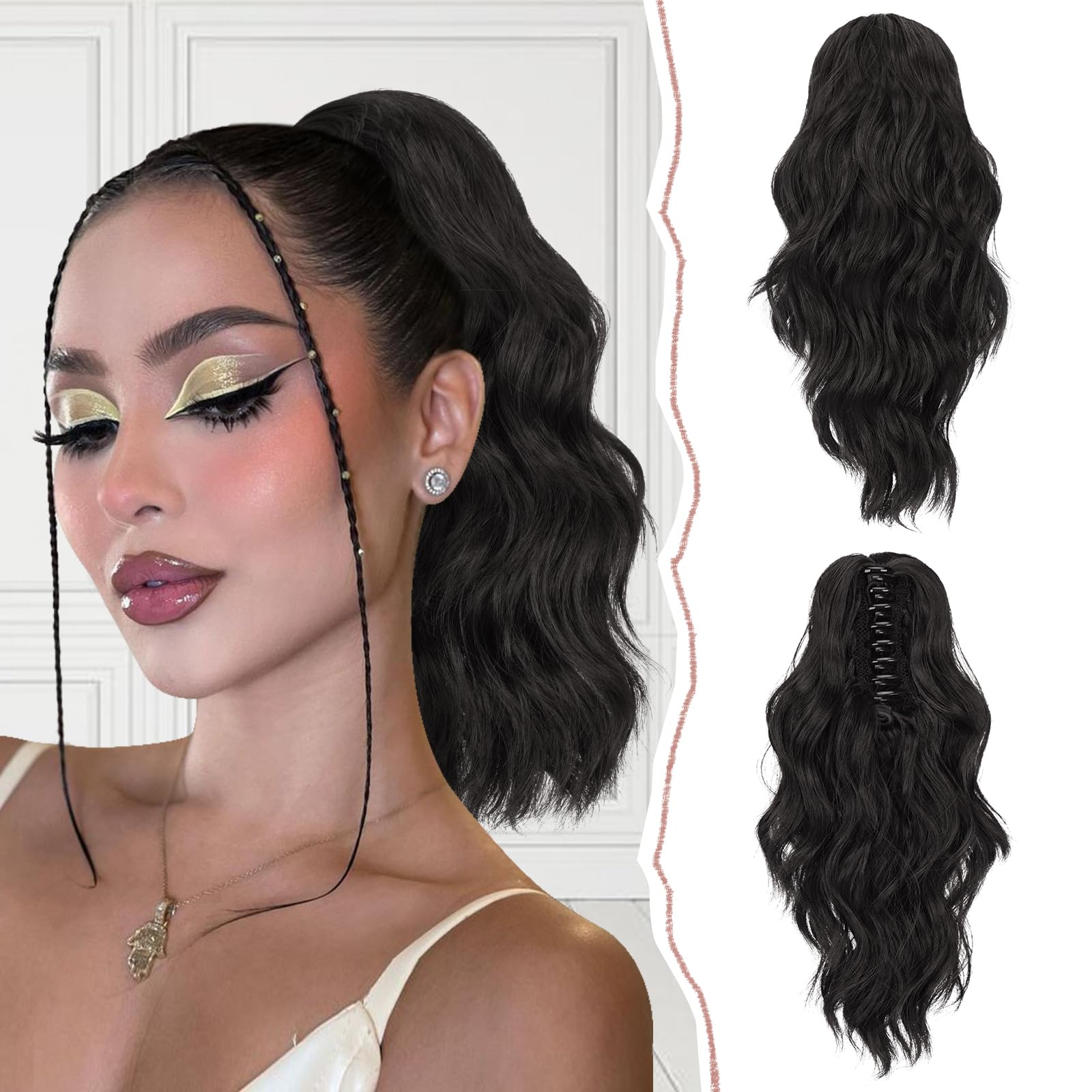 Sofeiyan 14'' Ponytail Extension Curly Clip in Claw Hair Extensions Natural Wavy Looking Synthetic Hairpiece for Women, Natural Black