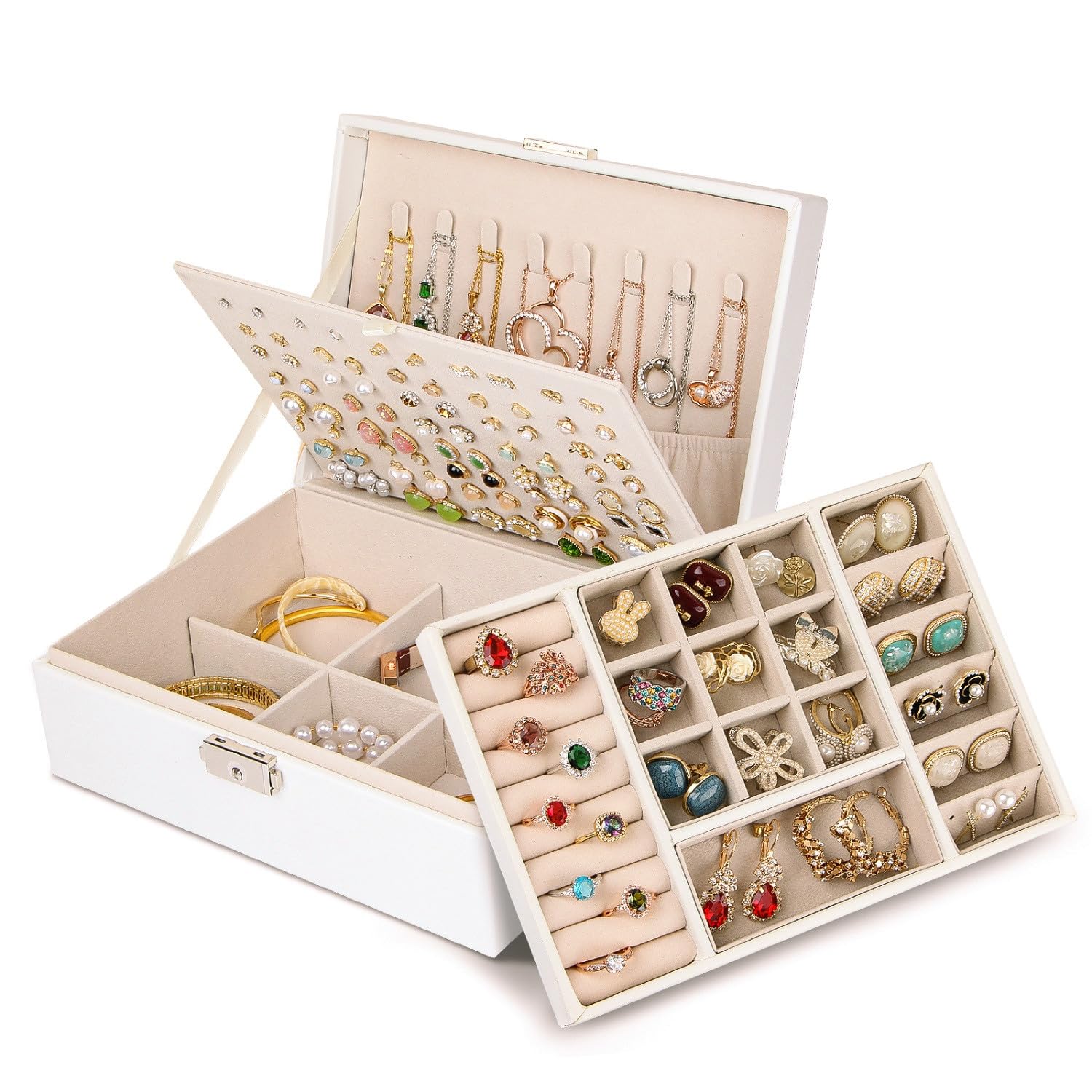 Chelory Jewellery Box Organiser for Women Girls, 3 Layer Large Jewellery Case Boxes for Necklace Earrings Rings Bracelets Ladies, PU Leather Travel Jewelry Storage Holder with Stackable Layer, White