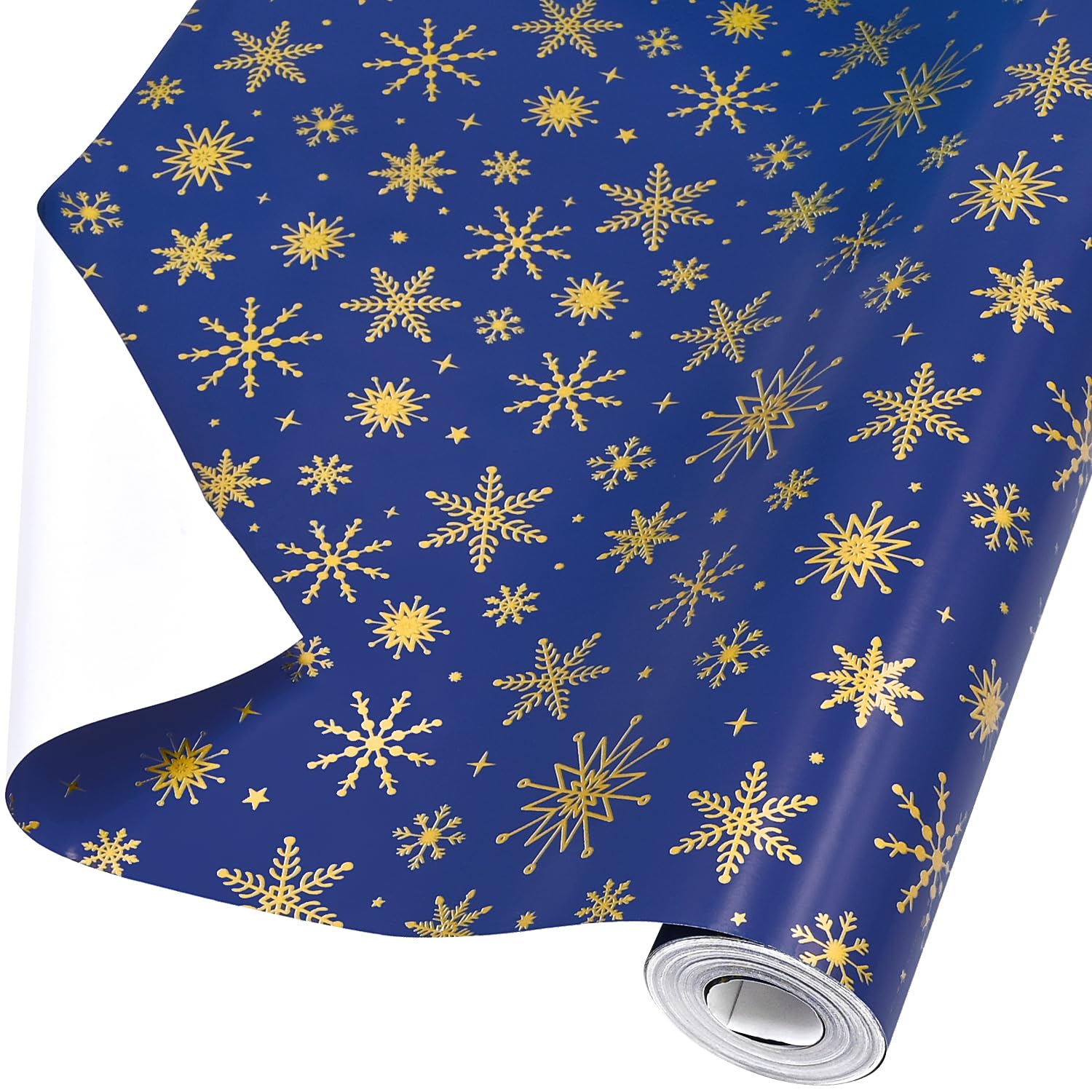 ADQUATOR 12m×44cm Gold Snowflake Navy Blue Wrapping Paper Roll,100% Recyclable Wrapping Paper For Birthday Present Party Christmas Decorations(44cm x12m)