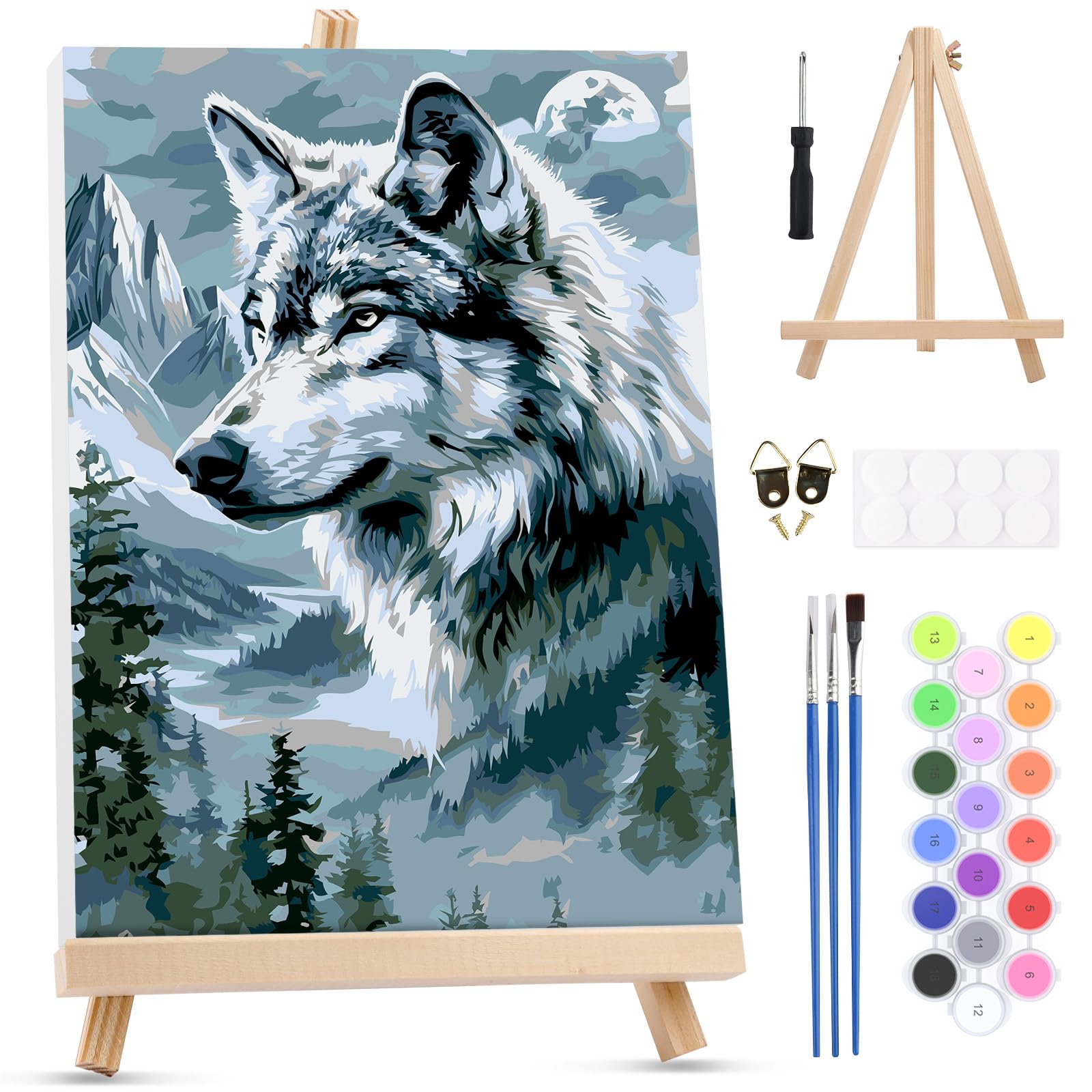 MXJSUA Mountains Wolf Paint by Numbers Kit with Frame for Adults, Animal Easy Beginners Paint by Number on Canvas with Easel, Acrylic Number Painting Craft Gifts for Home Decor, 20x30cm