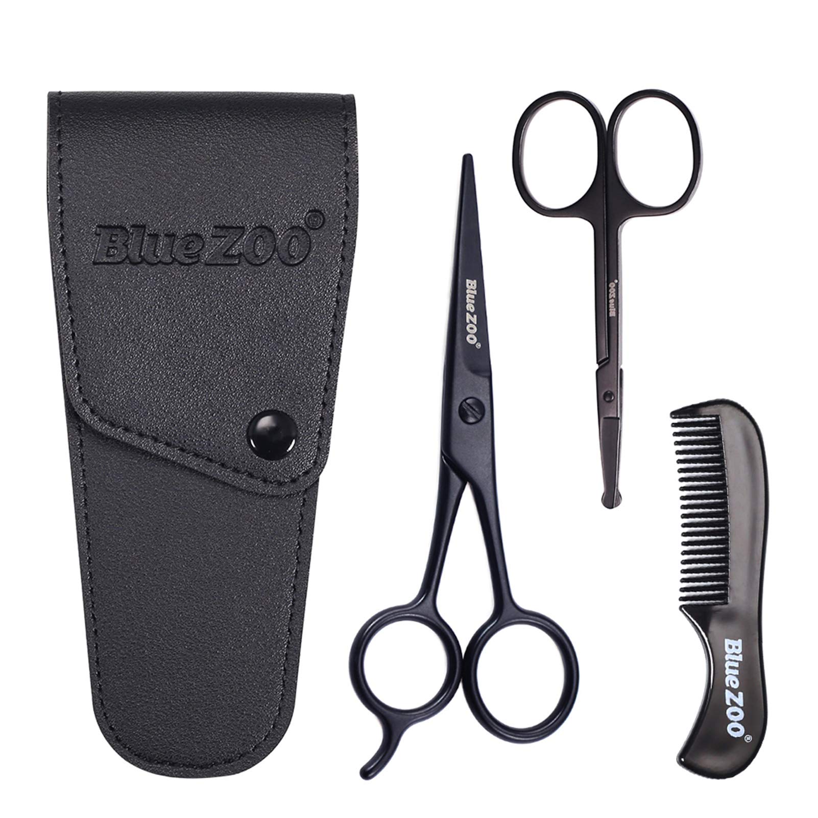 Beard Scissors/Nose Scissors/Mustache Comb Multi Functions Grooming Kit Gift Set Beard Trim Scissor Kit Trimming Nasal Hair for Men with Storage Bag (Black)