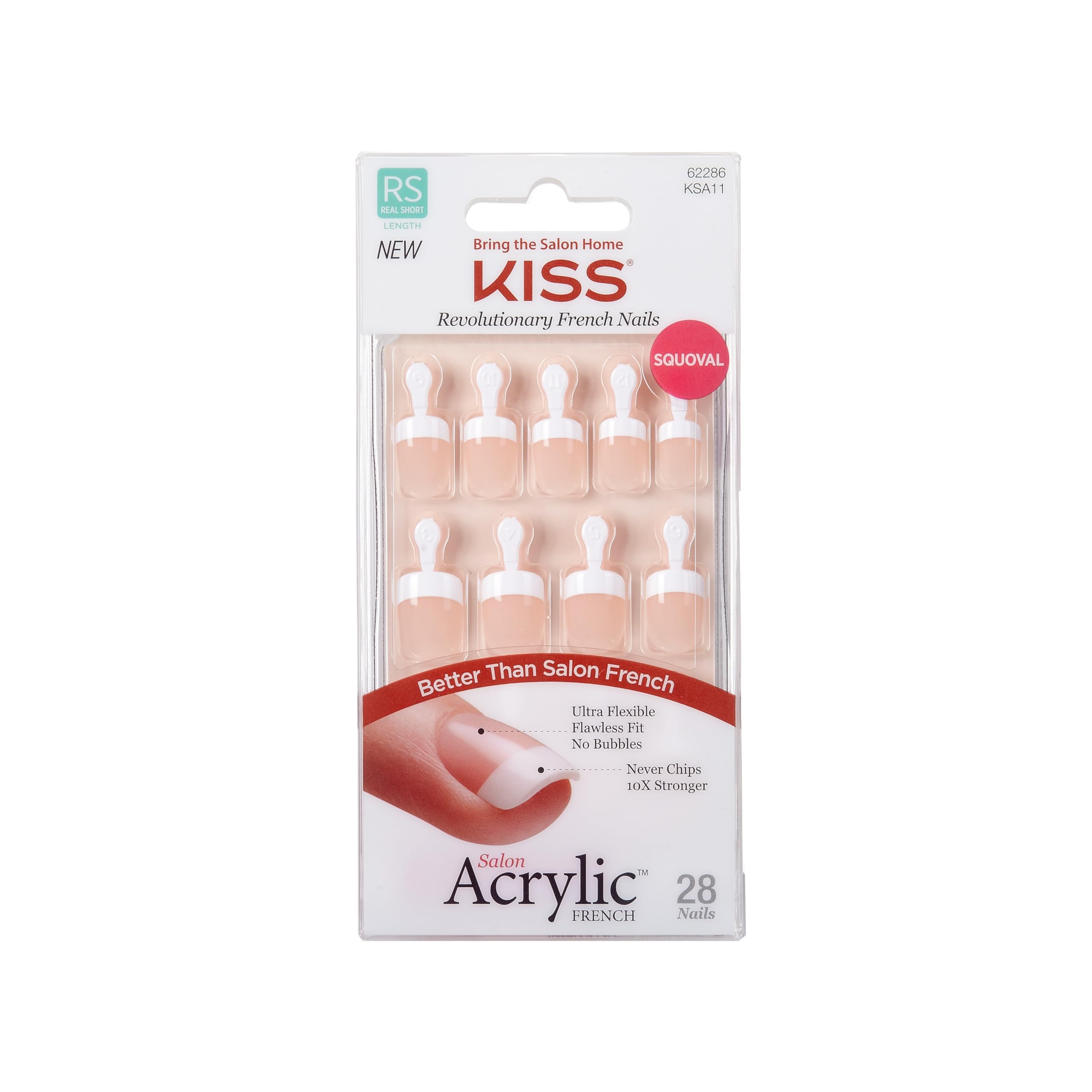 KISS Salon Acrylic, Press-On Nails, Nail glue included, 'Power Play', Pink, Real Short Size, Squoval Shape, Includes 28 Nails, 2g glue, 1 Manicure Stick, 1 Mini File