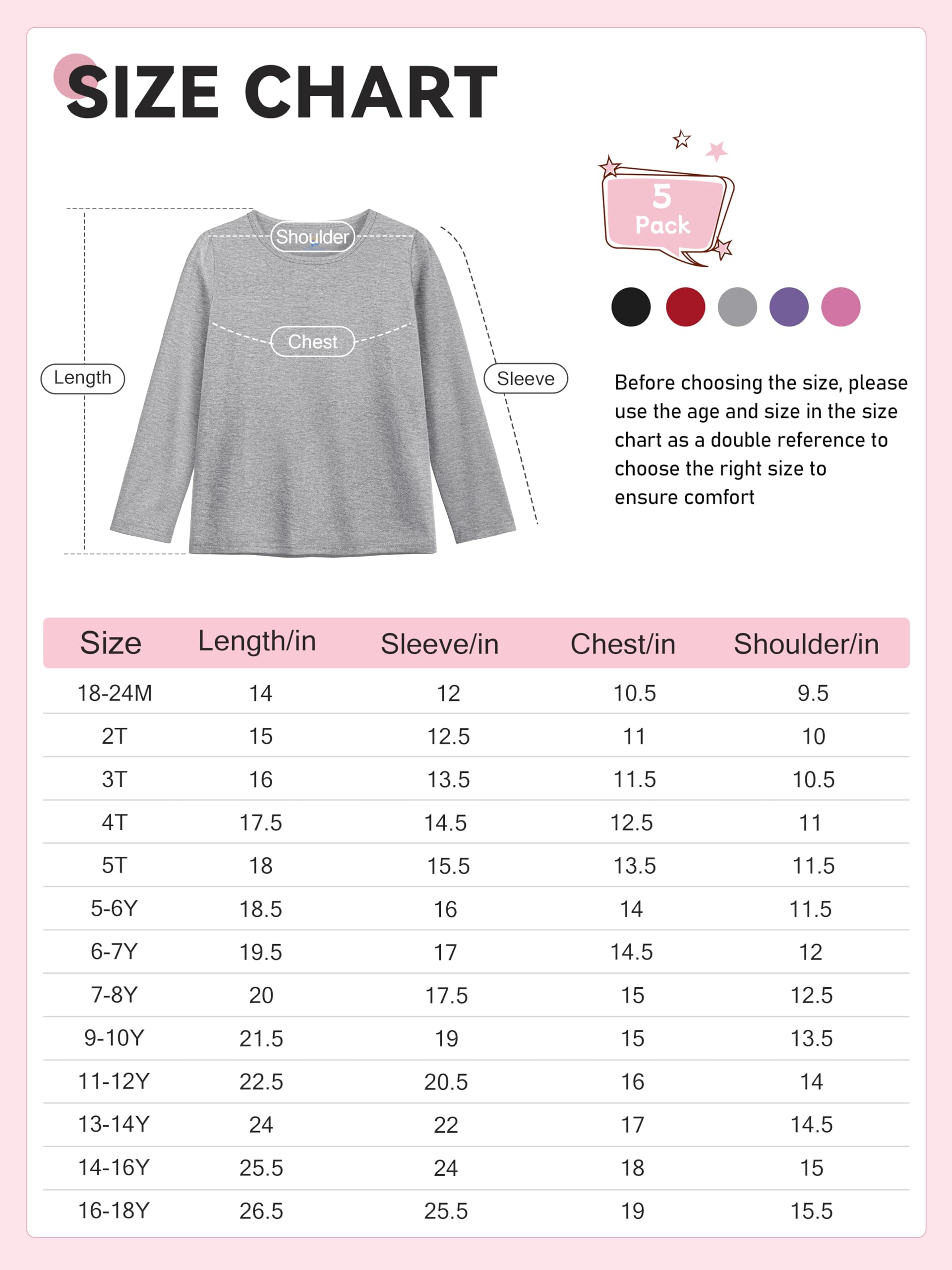 Kiiavoro 5 Pack Girls Long Sleeve Shirts Soft Crewneck Long-Sleeve T-Shirts Basic Tagless Layering Tees