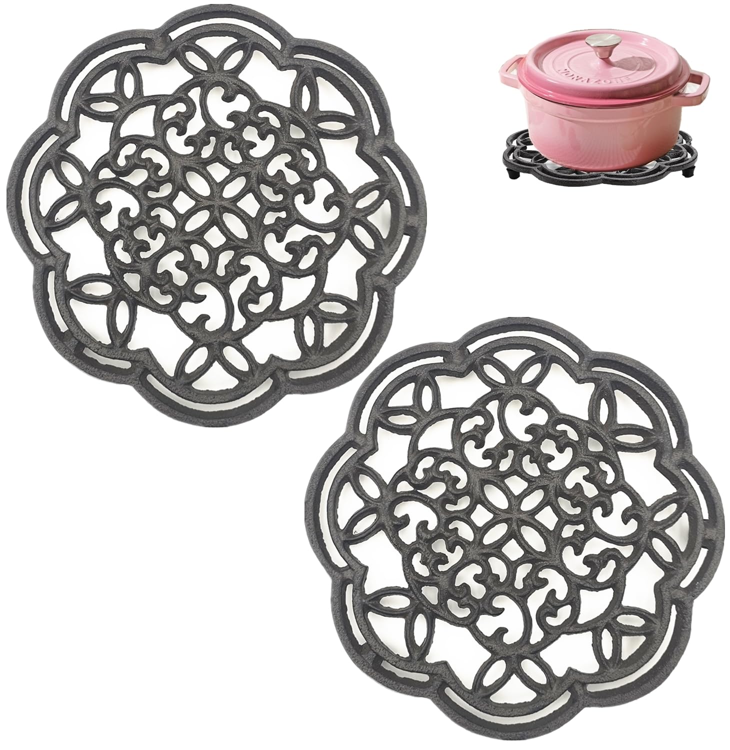 Photo 1 of HningBuyox 1 Pack Cast Iron Trivet, Heavy Duty Metal Trivets for Hot Pots and Pans, 8In Round Rustproof Pot Stand Holder Rack with Rubber Pegs for Countertop, Dining Table, Farmhouse Decoration