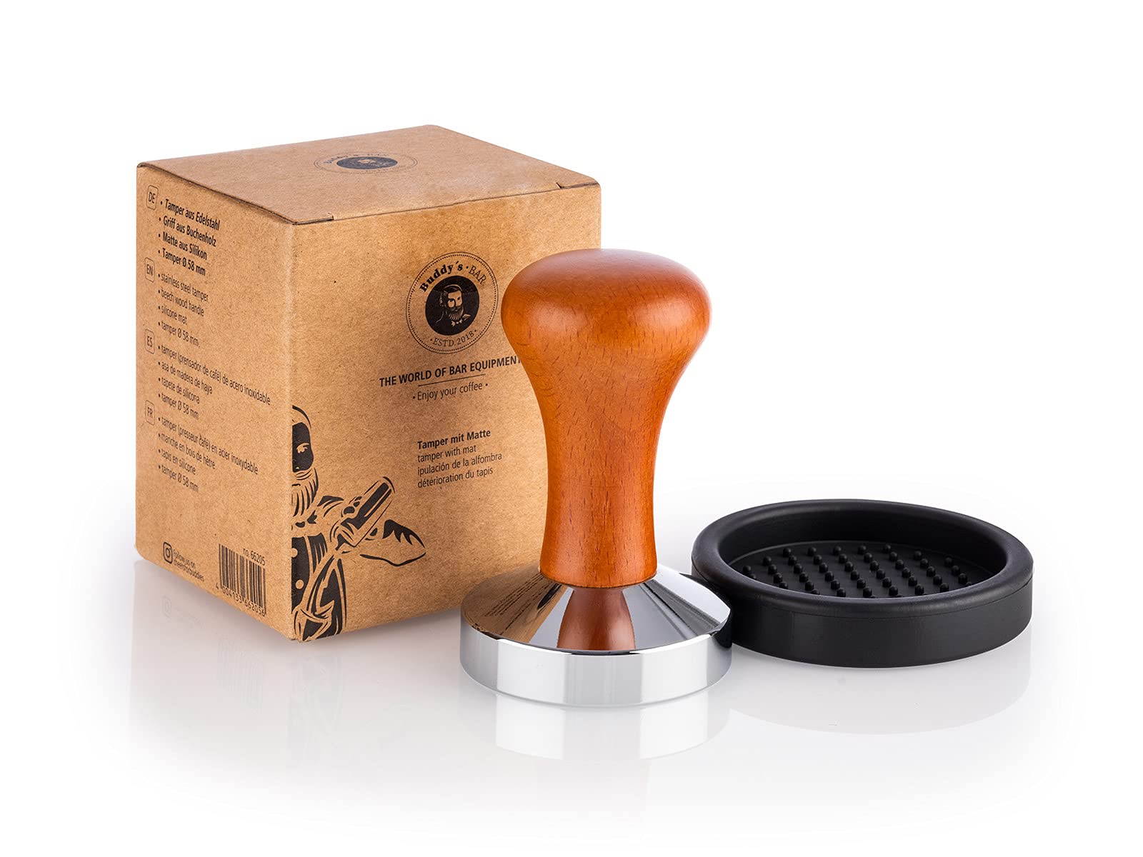 Buddy´s Bar - Barista Edition, Premium Tamper, Coffee Compressor Diameter 58 mm Base, Height: 9 cm, Stainless Steel, Espresso Stamp for 58 mm Portafilter, Coffee Tamper with Silicone Mat, Wooden