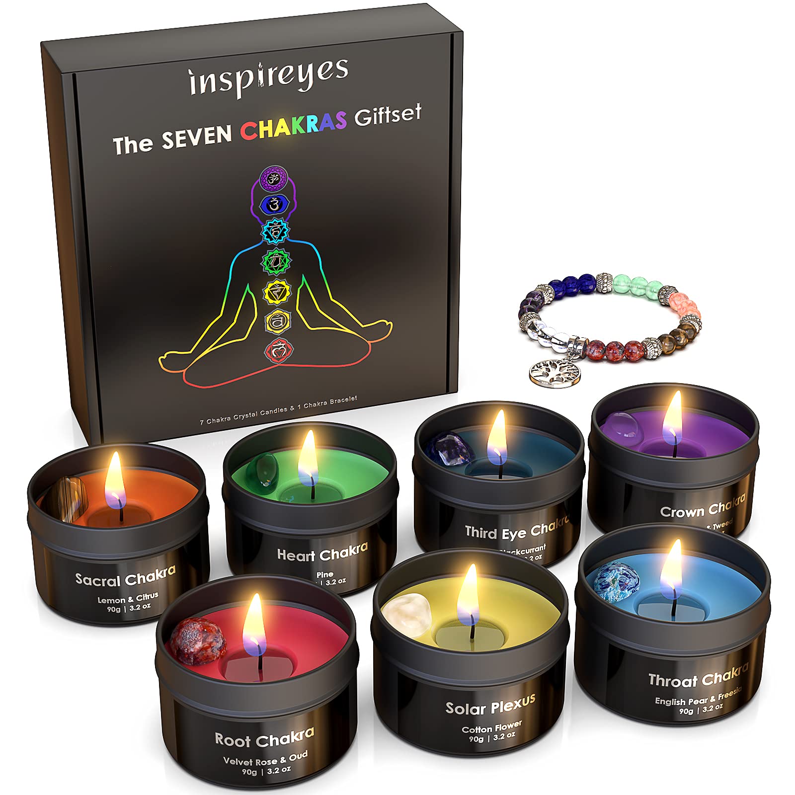 Inspireyes Chakra Candles with Premium Crystal and Healing Stones, Luxury Meditation Scented Candles Gift Set for Women, Stress Relief Spiritual Healing Candles for Yoga, Aromatherapy