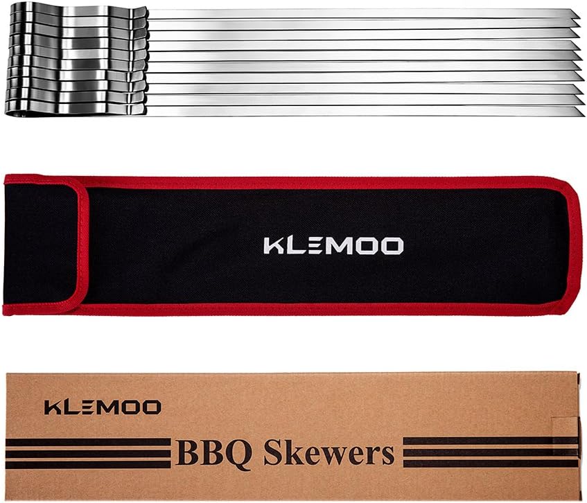 KLEMOO Kabob Skewers 17” Stainless Steel BBQ Grilling Barbecue Skewers 7/20” Flat Metal Reusable Shish Kebab Sticks, The Secret to Evenly Grilled (Set of 10 + Storage Pouch)