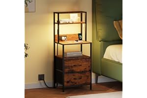 Furnulem Night Stand, Tall Nightstand with 4-Tier Shelves, 2 Fabric Drawers and Light Tube, Bed Side Tables with Charging Station, Bedside Table for Bedroom, Office, Rustic Brown