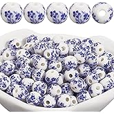 PONABEADIY 1 Box 180PCS 6MM Round Porcelain Beads with Hole Blue White Flower Chinese Ceramic Printed Handmade Floral Vintage Loose Charm Bead for Jewelry Making Bracelet Necklace DIY Craft Supply
