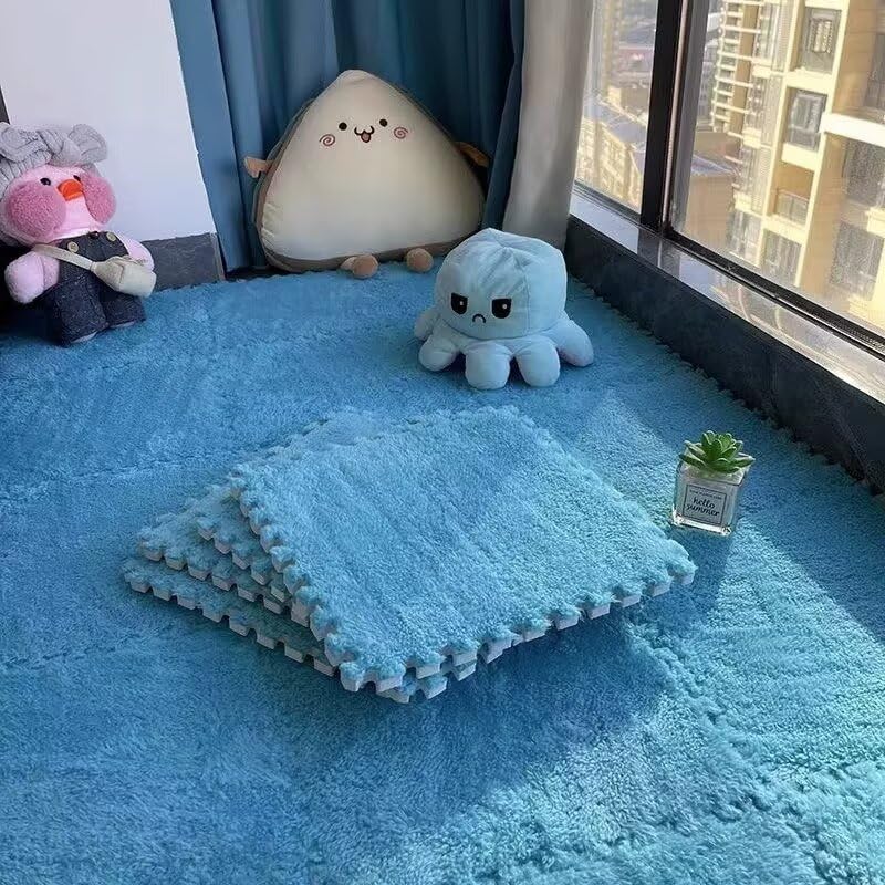 Photo 1 of 20pcs Plush Puzzle Foam Floor Mats, 11.8x11.8in Soft Interlocking Carpet Tiles?Anti-Slip Puzzle Area Rug Playmat for Room?Blue