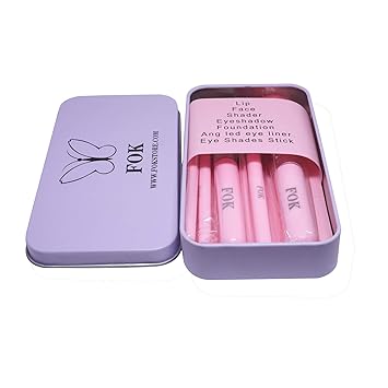 FOK Complete Mini Brush Kit Eye/Lips/Face Makeup Synthetic Fiber Brush with a Storage Box (Pink, Set of 7 Pieces)