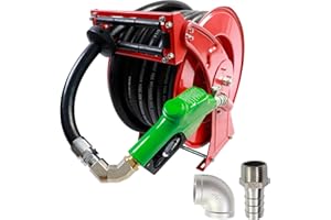 BORRITT 1 Inch Fuel Hose Reel,1"X50' Retractable Ratchet Spring Driven Diesel Hose Reel,360 Rotating Fuel Hose Swivel,AUTO Fuel Nozzle,SS304 Elbow Pipe,Barb Fitting,300 PSI,1"NPT Inlet,1" Outlet