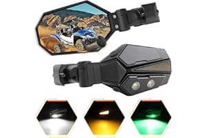 BraveWAY UTV Side View Mirrors with Lights For 1.5-2.5" Roll Bar Cage, White Amber Green 3 Lighting Modes Side Mirrors for Off-Road UTV Polaris RZR Can-am Maverick X3 Kemimoto Accessories, C-Brackets