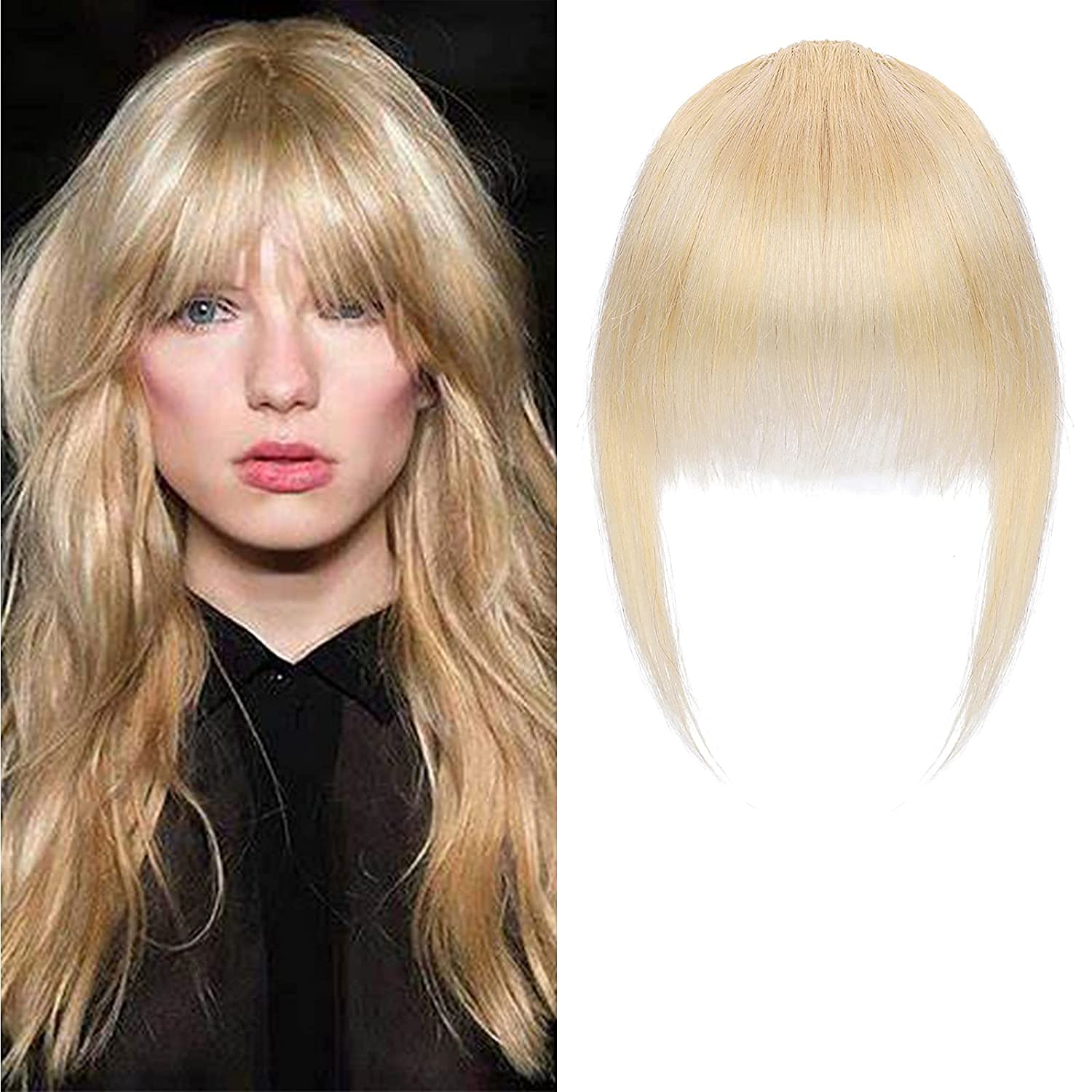 SEGO Clip in Fringe Human Hair Extensions Light Bangs [#613 Bleach Blonde] One Piece Real Remy Hairpieces for Women Straight Clip-on Fringe (9g)