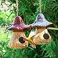 Yinns Birdhouses - Hanging Bird House, Set of 2 Bird Houses for Outside, Decorative Mushroom Bird House Blue and Red Ceramic Birdhouses for Wild Birds, Finch, Cardinal, and Bluebird