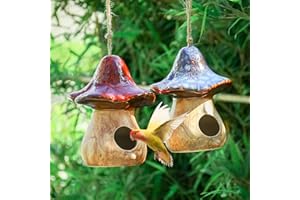 Yinns Birdhouses - Hanging Bird House, Set of 2 Bird Houses for Outside, Decorative Mushroom Bird House Blue and Red Ceramic Birdhouses for Wild Birds, Finch, Cardinal, and Bluebird