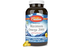Carlson - Maximum Omega 2000, 2000 mg Omega-3 Fatty Acids Including EPA and DHA, Wild-Caught, Norwegian Fish Oil Supplement, Sustainably Sourced Fish Oil Capsules, Lemon, 180 Softgels