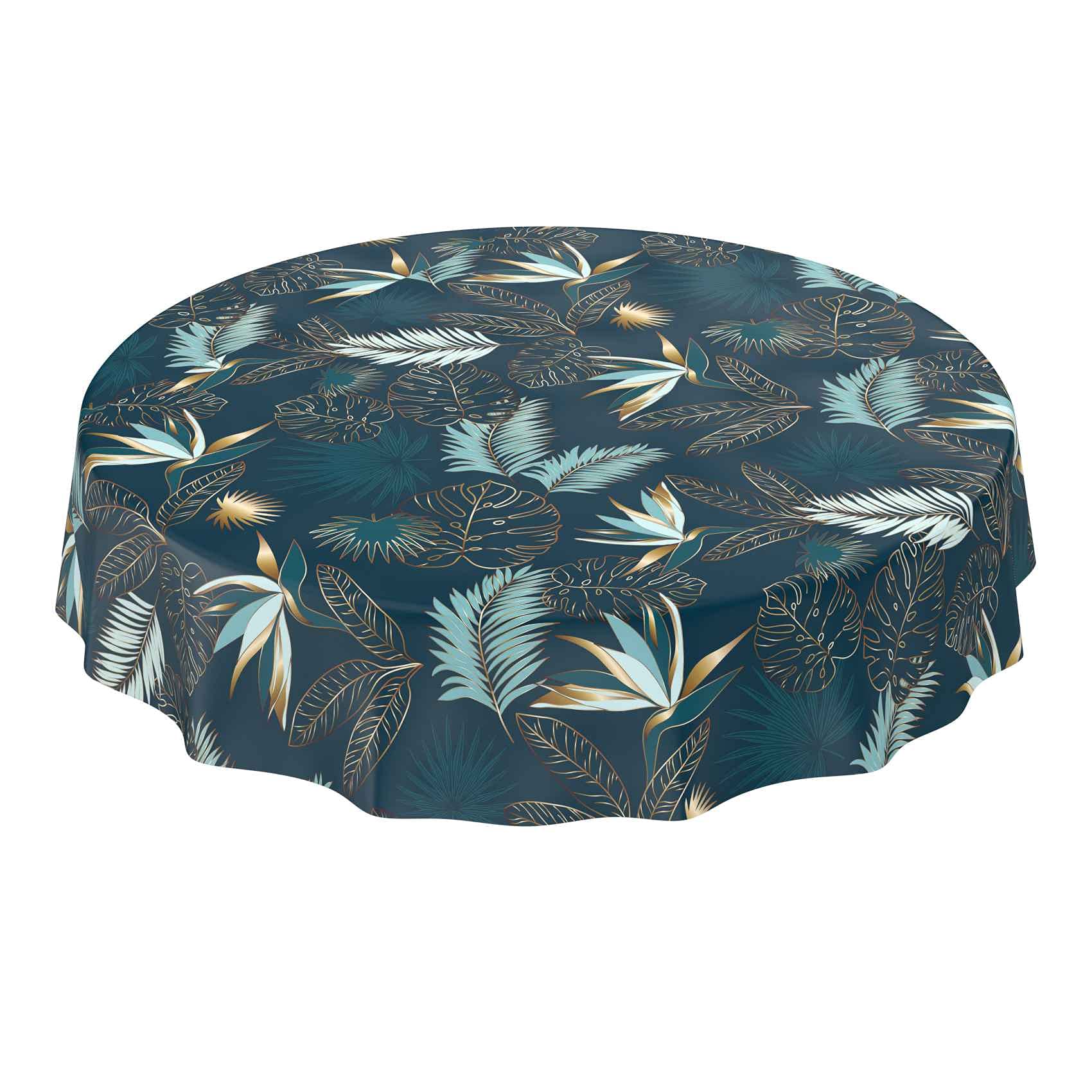 ANRO Oilcloth Tablecloth Washable Garden Tablecloth Oilcloth Round Oval Square Indoor Outdoor Leaves Gold Blue Round 140 cm