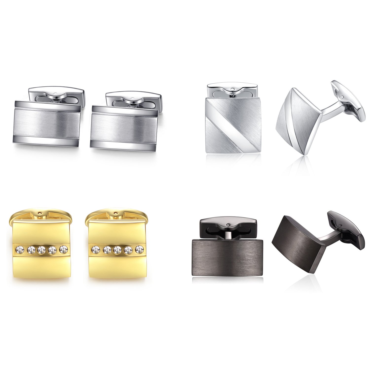 HONEY BEAR 4 Pairs Cufflinks for Mens - Rectangle Stainless Steel for Business Wedding Gift,Silver, Black,Gold (Without Box)