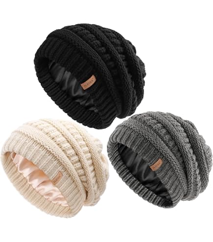 3 Pack Satin Lined Beanie for Women, Warm Slouchy Winter  display picture 3