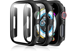 [3 Pack] Case for Apple Watch Series 9 Screen Protector 45mm Series 8 Series 7, EWUONU Hard PC Bumper Cover HD Tempered Glass Full Protective Case for iWatch Series 9/8/7 Accessories 45mm, Black