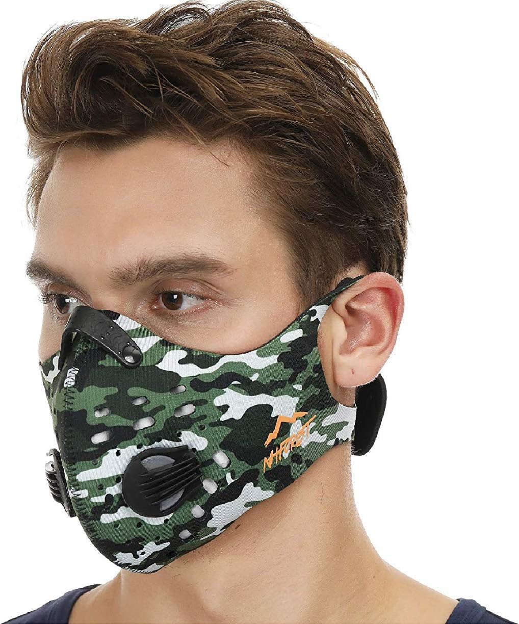 NHForest Dust Mask | Mouth Mask Respirator with 4 Carbon N99 Filters for Pollution Pollen Allergy Woodworking Mowing Running | Washable and Reusable Neoprene and Outdoor (Green Camo)