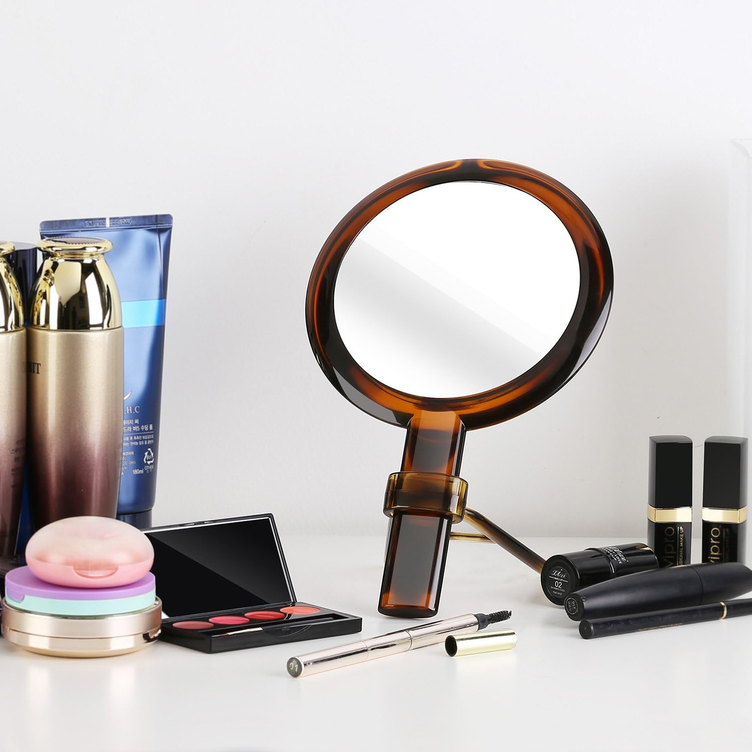 Beautifive Hand Mirror, Hand Held Mirrors with Adjustable Handle，1x/7x Magnifying Double Sided Handheld Makeup Mirror with Stand for Vanity Beauty Travel Table Desk Shaving Bathroom (AmberNEW): Furniture & Decor
