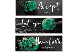 ZINYAZHE 3 Pcs Green Wall Decor Inspirational Bathroom Decor Wooden Rose Wall Art Office Decoration With Accept Let Go Have Faith Quotes For Girl Women Bedroom Kitchen(Green 12 X 4 Inch)