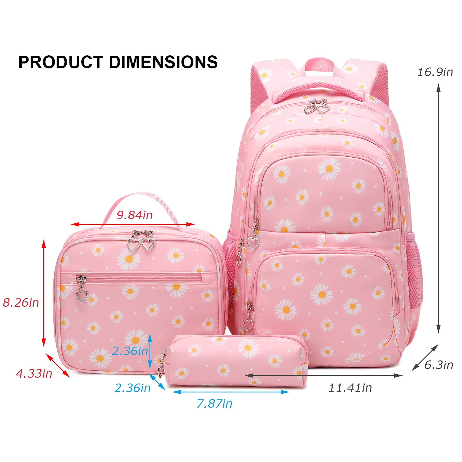 goldwheat Daisy Printed Backpacks With Lunch Pack Pencil Case 3pcs, Lightweight Water Resistant Bookbag For Middle School